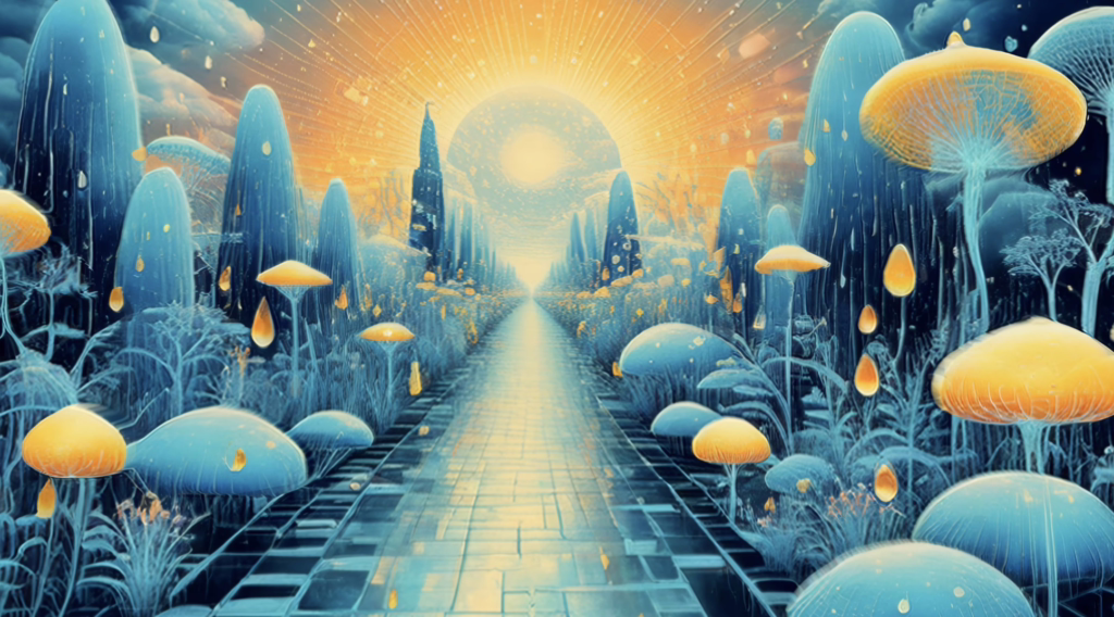 trippy visuals for shrooms showing glowing mushroom path under radiant sun